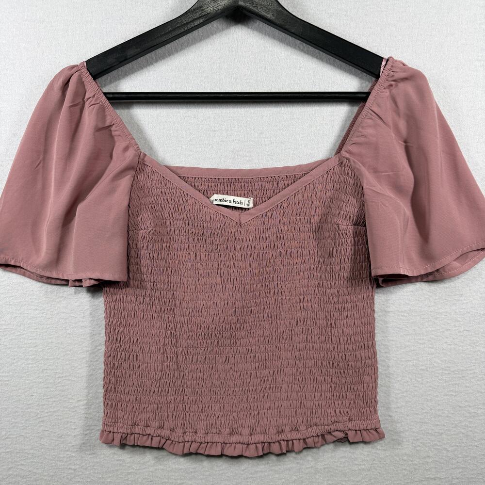 Abercrombie & Fitch Blouse Womens XS Pink Smocked Cropped Flutter Sleeve Top